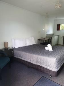 Pokój hotelowy z łóżkiem i krzesłem w obiekcie Ohakune Court Motel w mieście Ohakune