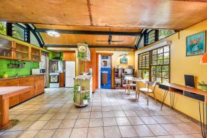 a large kitchen with yellow and green walls at Cottonwood Cottage - Couples 'pet friendly' retro escape in Mudjimba