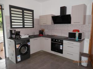 a kitchen with a washing machine and a washer at Ti coin jardin in La Paix