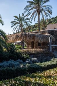 ein Gebäude mit Palmen und einem Grasdach in der Unterkunft Dammuso Oltremare - Appartamento Lantana in Pantelleria