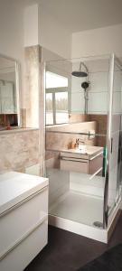 a white bathroom with a sink and a mirror at Ferienwohnung am Birkenwäldchen in Plauen