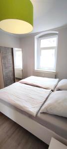 a bedroom with a large white bed with a window at Ferienwohnung am Birkenwäldchen in Plauen