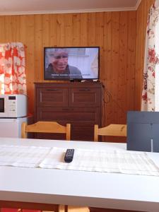 telewizor siedzący na drewnianym murze w obiekcie Riverside Restplace w mieście Tornio