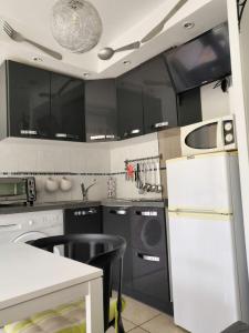 uma cozinha com armários pretos e um frigorífico branco em Charmant T2 en rez de chaussée em Balaruc-les-Bains