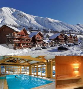 twee foto's van een resort met een besneeuwde berg bij Duplex avec piscine - Les Chalets de Saint Sorlin in Saint-Sorlin-dʼArves