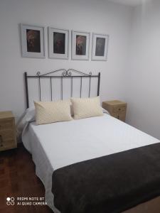 ein Bett in einem Schlafzimmer mit drei Bildern an der Wand in der Unterkunft Habitación Alex , es un quinto sin ascensor in Pontevedra