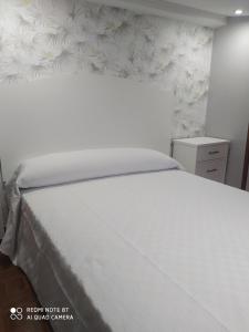 ein Schlafzimmer mit einem weißen Bett und einer Wand in der Unterkunft Habitación Alex , es un quinto sin ascensor in Pontevedra