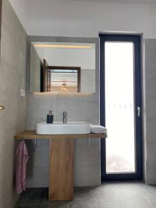 a bathroom with a sink and a mirror at A Marisel - 3 bedroom holiday home in Mărişel