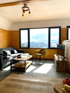 a living room with a couch and a table at Marisel Escape Cabin in Mărişel