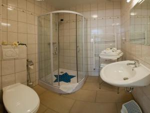 a bathroom with a shower and a toilet and a sink at Ostseeperlen-Haus 1 in Kühlungsborn