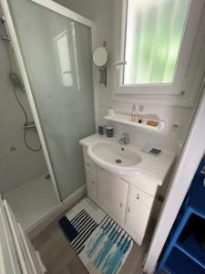 y baño con lavabo, ducha y espejo. en Adorable petite maison à 400m de la mer, en Saint-Georges-de-Didonne