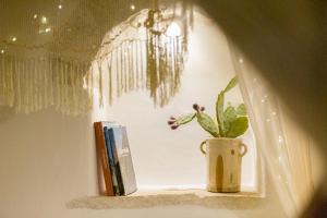 una finestra con una pianta e libri su uno scaffale di Trullo Love ad Alberobello