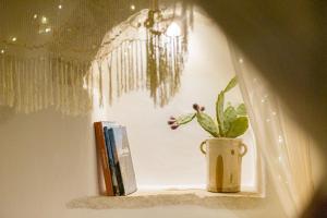 una ventana con una planta y libros en un estante en Trullo Love, en Alberobello