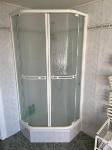 a glass shower stall in a bathroom at Westfälischer Hof - 2nd floor in Lehnin