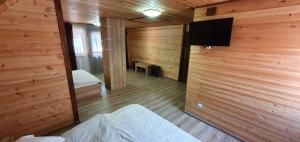 a room with wooden walls and a television in a cabin at Pensiune Agroturistică Casa Alex in Baba