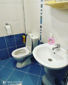 La salle de bains bleue et blanche est pourvue de toilettes et d'un lavabo. dans l'établissement Pleven Sunny Apartment, à Pleven