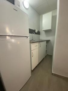 małą kuchnię z lodówką i zlewem w obiekcie Apartamento La Flamencura w mieście Jerez de la Frontera
