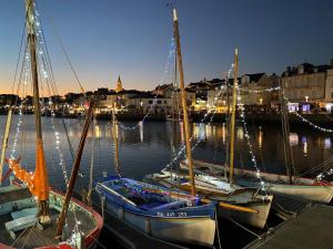 een groep boten aangemeerd in een haven 's nachts bij Entre terre et mer in Pornic