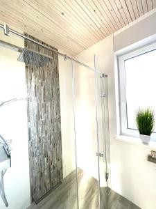 uma cabina de duche em vidro numa casa de banho com uma janela em DarssAhoi em Pruchten