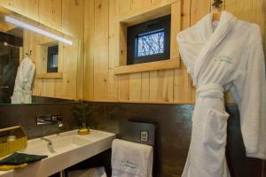 a bathroom with a sink and a towel hanging on a wall at Domaine de l'Authentique Cabanes dans les arbres in Fournet-Blancheroche