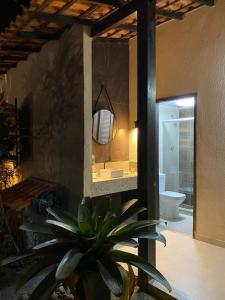 ein Badezimmer mit einer Topfpflanze vor einem Spiegel in der Unterkunft Casa 6 Suites e Eventos in Itaipuaçu