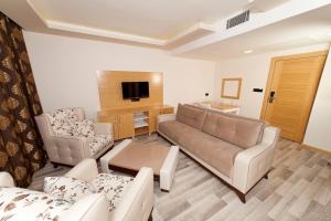 a living room with a couch and a tv at Hamzakoy Blue Park Boutique Hotel in Gelibolu