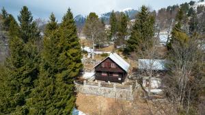 una vista aerea di una casa nel bosco di Koča pri Binci a Cerklje na Gorenjskem