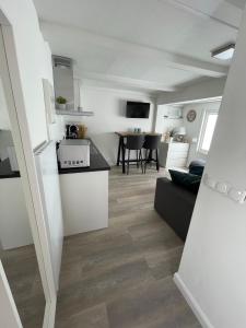 a kitchen and living room in a small apartment at Juna in Laboe