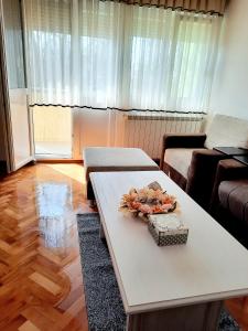 uma sala de estar com uma mesa e um sofá em Stan na dan DUNJA 1 em Vršac