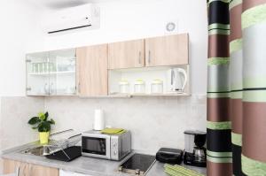een keuken met een wastafel en een magnetron bij Apartment and Room Kapelica in Dubrovnik