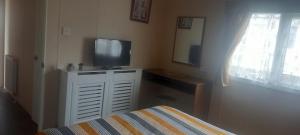 een slaapkamer met een bed en een tv op een dressoir bij crimdon dene holiday park in Hartlepool