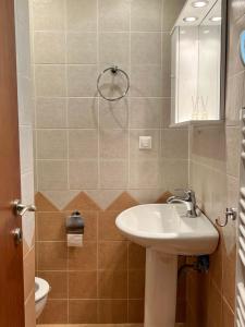 uma casa de banho com um lavatório, um espelho e um WC. em Aristea’s place Askeli em Poros