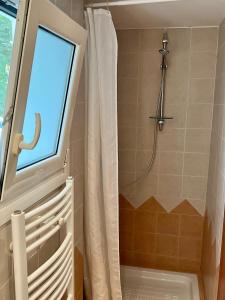 baño con ducha y ventana en Aristea’s place Askeli, en Poros