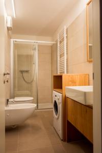 ein Badezimmer mit einem Waschbecken und einer Waschmaschine in der Unterkunft Residence Hotel Casa Alpina Serrada in Folgaria