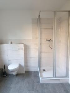 ein Bad mit einer Dusche und einem WC in der Unterkunft Quaduxenbarg - a65754 in Rüggow