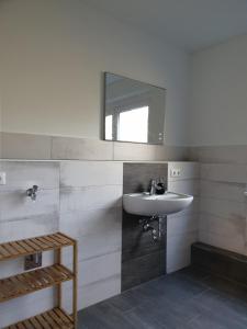 ein Bad mit einem Waschbecken und einem Spiegel in der Unterkunft Quaduxenbarg - a65754 in Rüggow