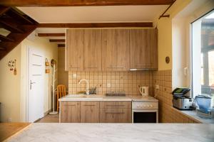 a kitchen with wooden cabinets and a sink at Lake House Listomie in Kruszwin