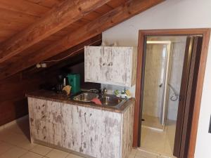 - une cuisine avec un évier et une douche dans l'établissement Lazarus Beach Sofitas, à Monemvasia
