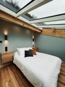 - une chambre avec un grand lit blanc et une lucarne dans l'établissement LOFT et SPA sous les étoiles, à Foix