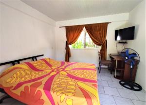 sypialnia z łóżkiem, biurkiem i telewizorem w obiekcie MOOREA - Fare Te Utuafare w mieście Hauru