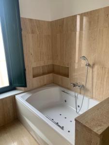 a bath tub with a shower in a bathroom at Hotel La Muralla in Zafra