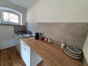 a small kitchen with a counter top with a sink and a counter top at Studio Dudek in Wójtowice