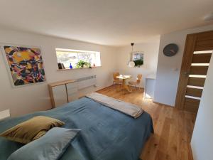 a bedroom with a bed and a table in it at Studio Dudek in Wójtowice