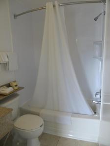 Baño blanco con aseo y cortina de ducha en Huntsville Inn, en Huntsville