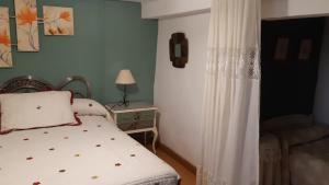 a bedroom with a bed and a lamp and a curtain at Casa Rural San Miguel in Saúca