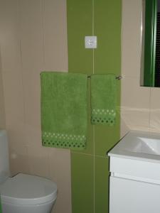 y baño con toallas verdes, aseo y lavamanos. en Casa do Adro - Serra da Estrela, en Cortes do Meio