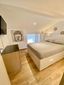 1 dormitorio con 1 cama y TV de pantalla plana en Jolie maison Golfe de Saint-Tropez, en Cogolin