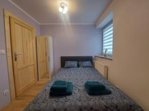 a bedroom with a bed with two green pillows on it at Apartament Kala in Nysa