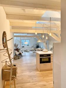 een keuken en een woonkamer met houten vloeren en plafonds bij SOLÉY in Sohland am Rotstein