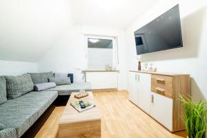 a living room with a couch and a flat screen tv at Ferienwohnung Gerda in Lathen